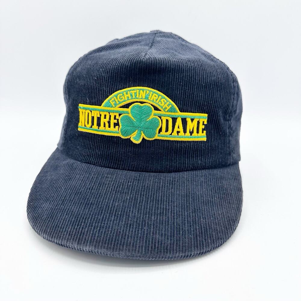 VTG 1980s Notre Dame Fighting Irish Corduroy Snapback Hat Navy Cap Univ. Square